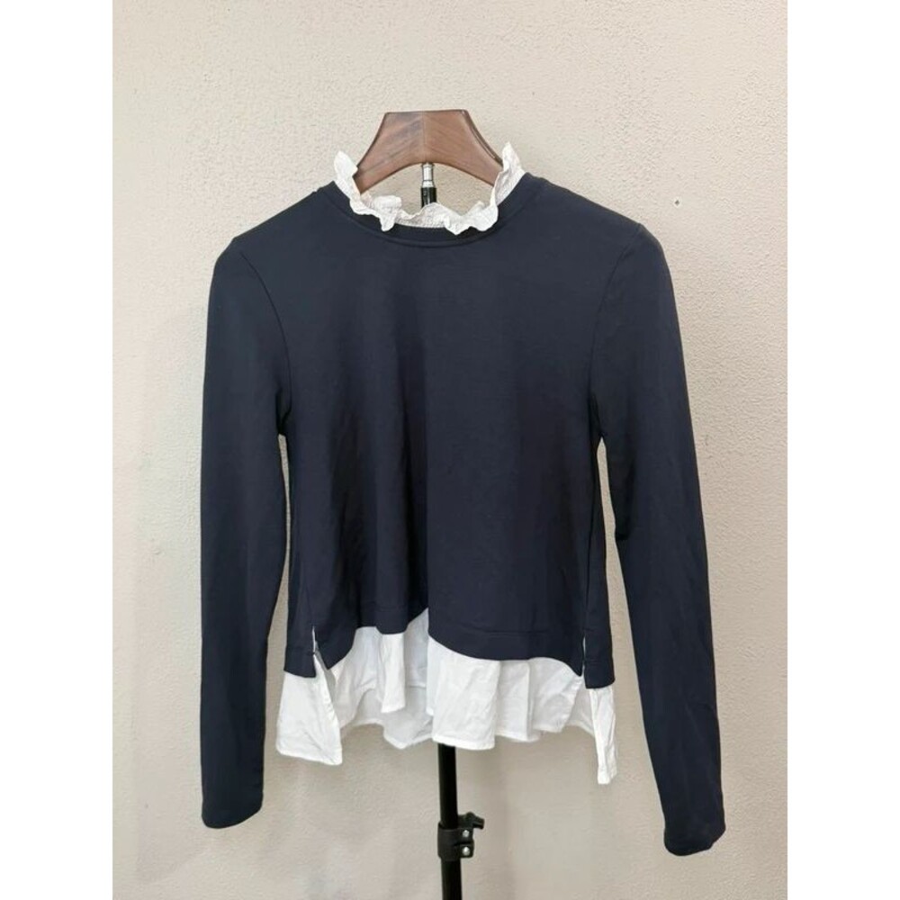 ann taylor navy blue white ruffle layered top xs